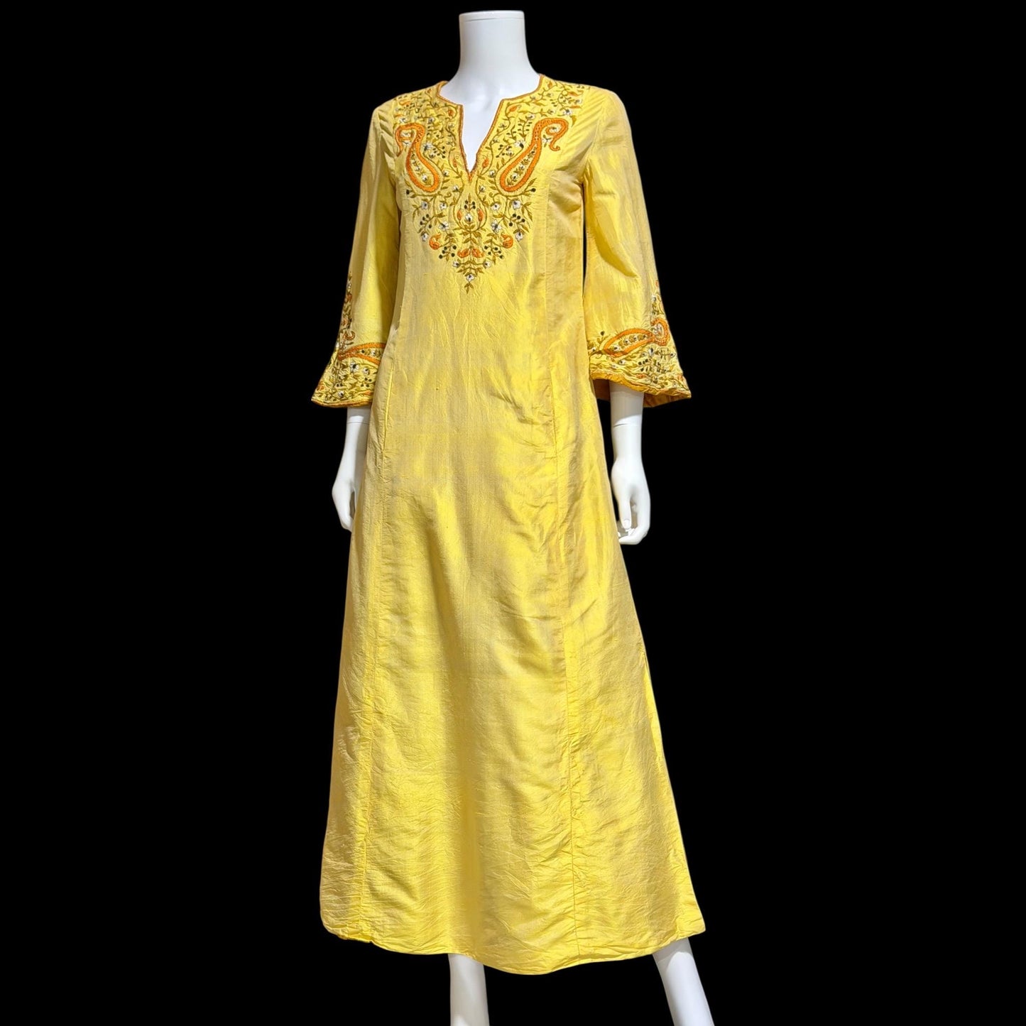 NEIMAN MARCUS vintage 1960s caftan dress,  Tissue Indian Silk embroidered kaftan evening dress