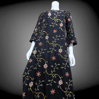 PROFILS du MONDE vintage 1960s caftan dress,  Beverly Hills Designer Black Silk embroidered sequin kaftan evening dress