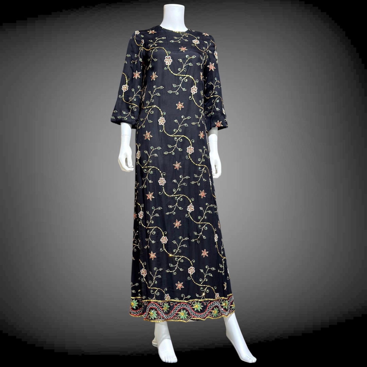 PROFILS du MONDE vintage 1960s caftan dress,  Beverly Hills Designer Black Silk embroidered sequin kaftan evening dress