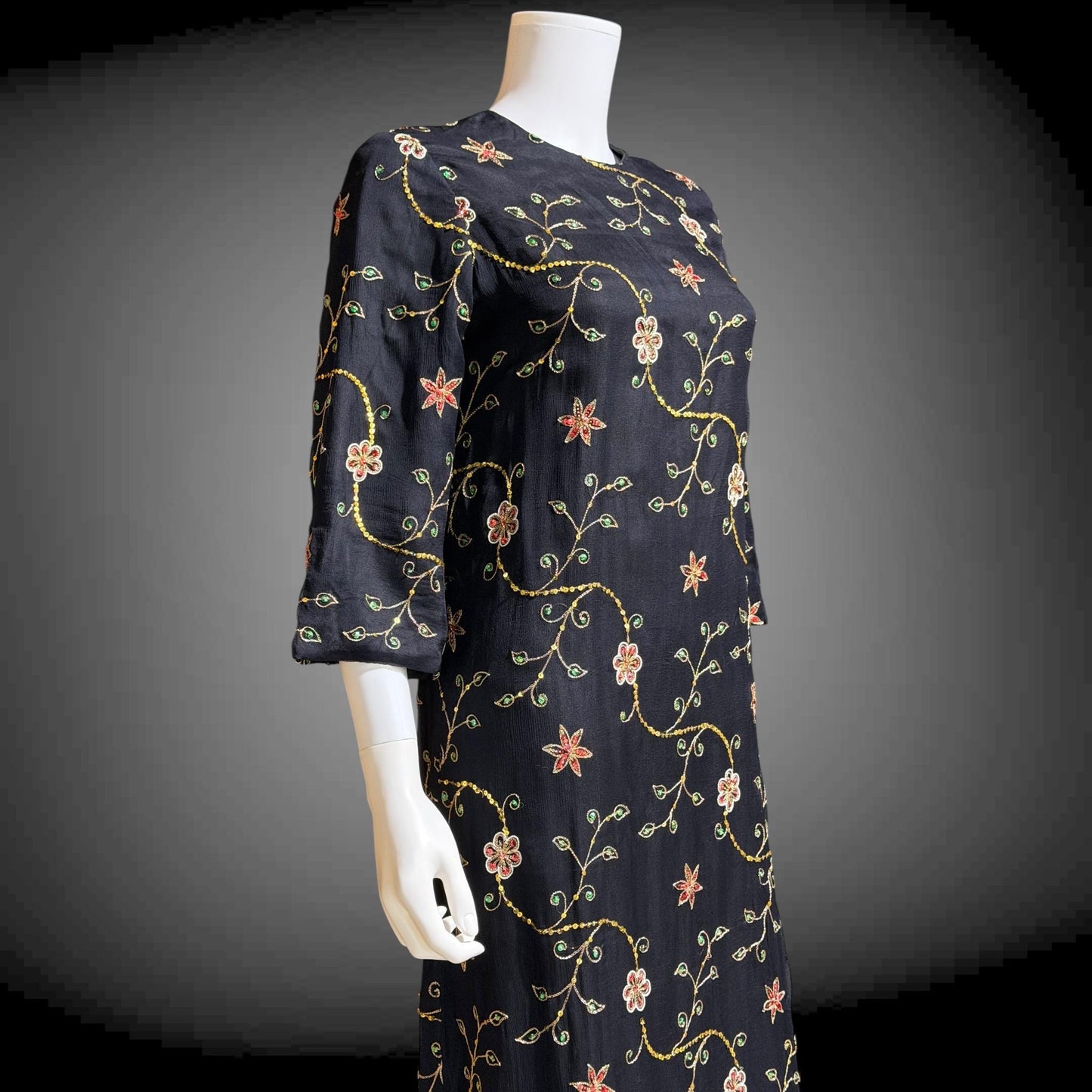 PROFILS du MONDE vintage 1960s caftan dress,  Beverly Hills Designer Black Silk embroidered sequin kaftan evening dress