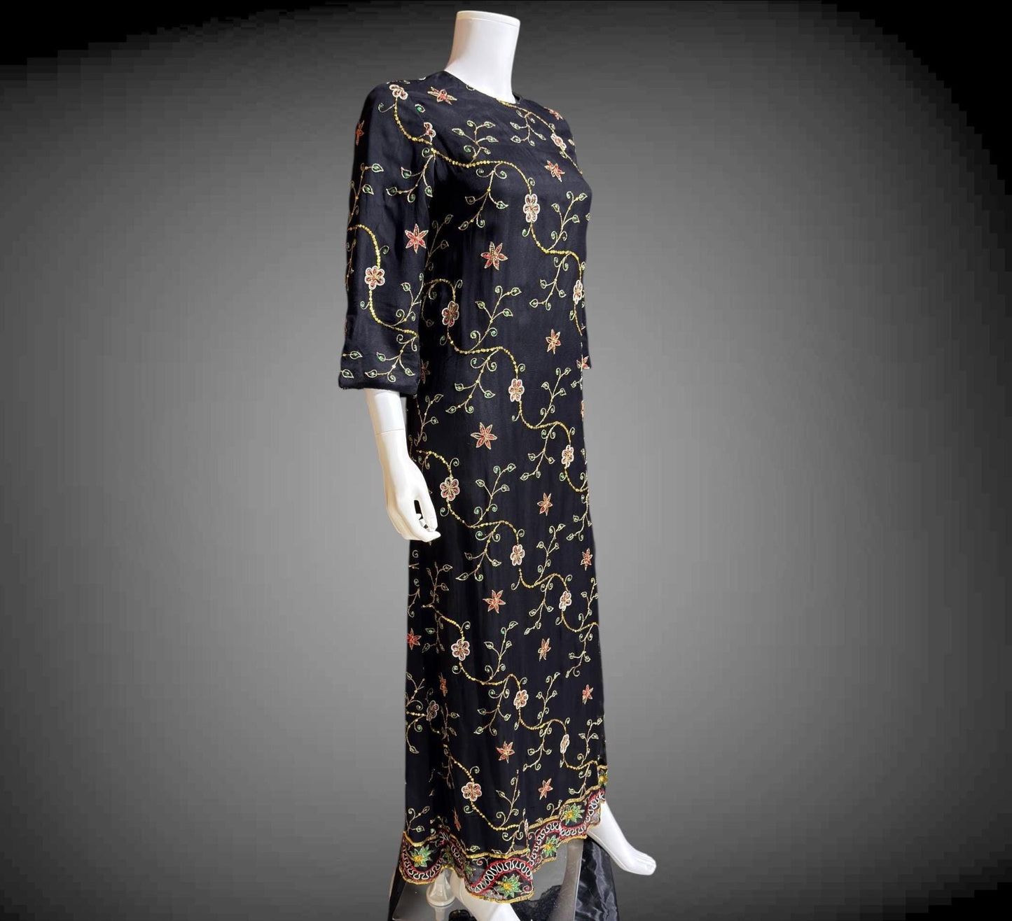PROFILS du MONDE vintage 1960s caftan dress,  Beverly Hills Designer Black Silk embroidered sequin kaftan evening dress