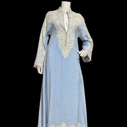 BONWIT TELLER Vintage 1960s evening caftan dress, Rebecca Designer Beaded Linen Kaftan Gown