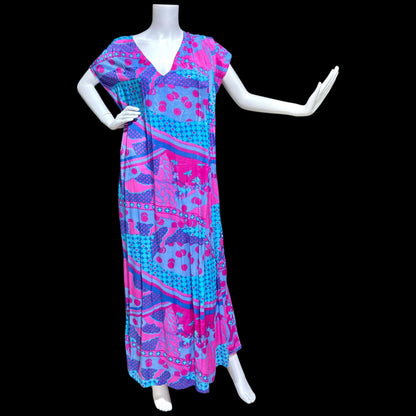 SULTANA by ADINI Vintage 1970s designer caftan dress, Op Art Rayon shift maxi house dress, large