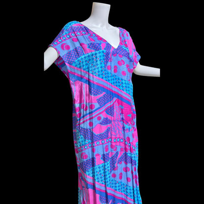 SULTANA by ADINI Vintage 1970s designer caftan dress, Op Art Rayon shift maxi house dress, large