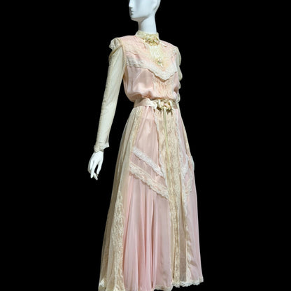 1970s vintage Wedding dress gown, Victorian Edwardian Inspired PINK Bohemian gown, Medium