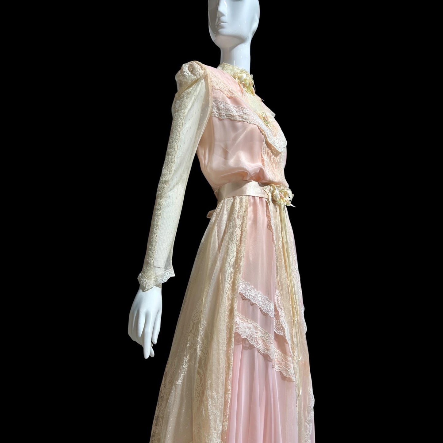 1970s vintage Wedding dress gown, Victorian Edwardian Inspired PINK Bohemian gown, Medium