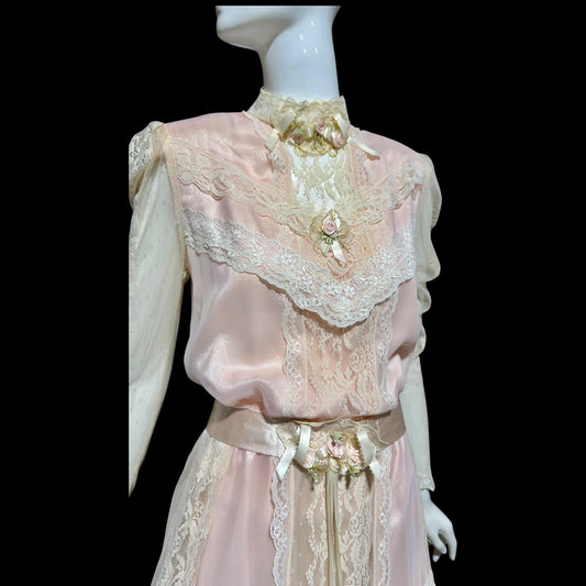 1970s vintage Wedding dress gown, Victorian Edwardian Inspired PINK Bohemian gown, Medium