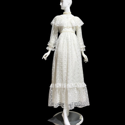 1970s vintage Wedding dress gown, White Lace Prairie Dress, Gunne Vibes, ruffle collar high neck