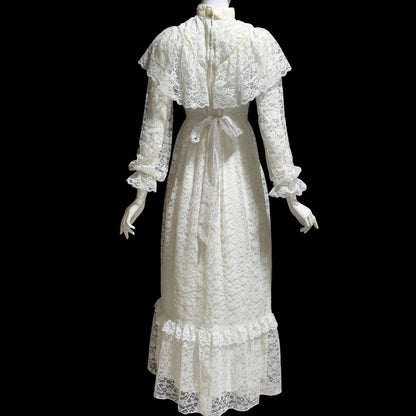 1970s vintage Wedding dress gown, White Lace Prairie Dress, Gunne Vibes, ruffle collar high neck