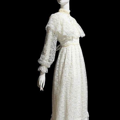 1970s vintage Wedding dress gown, White Lace Prairie Dress, Gunne Vibes, ruffle collar high neck
