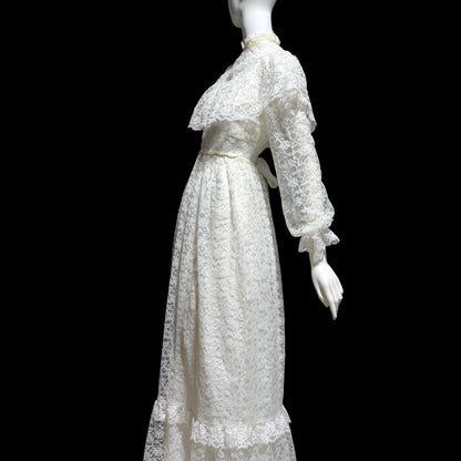 1970s vintage Wedding dress gown, White Lace Prairie Dress, Gunne Vibes, ruffle collar high neck
