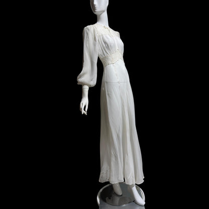 1940s vintage wedding bridal dress, Sheer white Long Sleeve fit flare full length gown