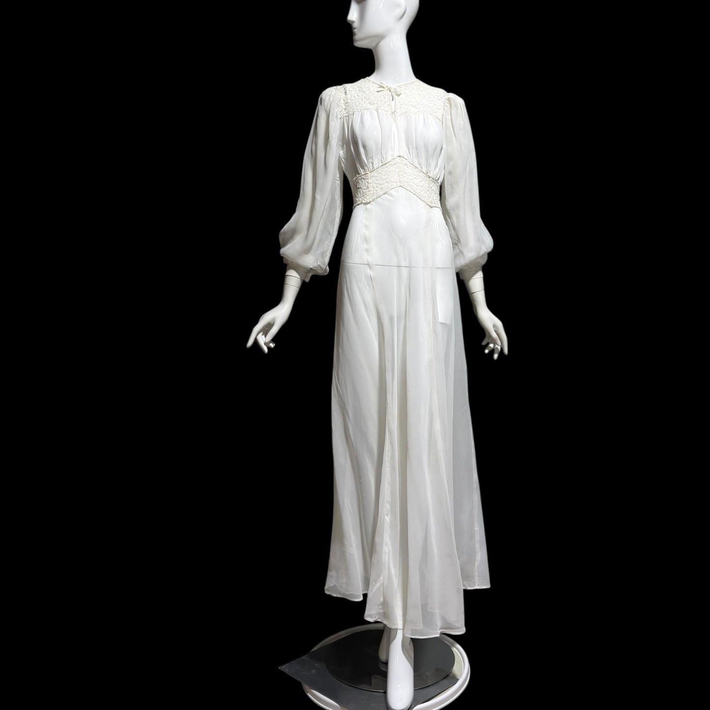 1940s vintage wedding bridal dress, Sheer white Long Sleeve fit flare full length gown