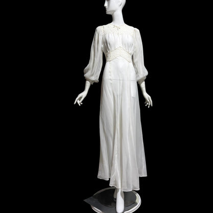 1940s vintage wedding bridal dress, Sheer white Long Sleeve fit flare full length gown