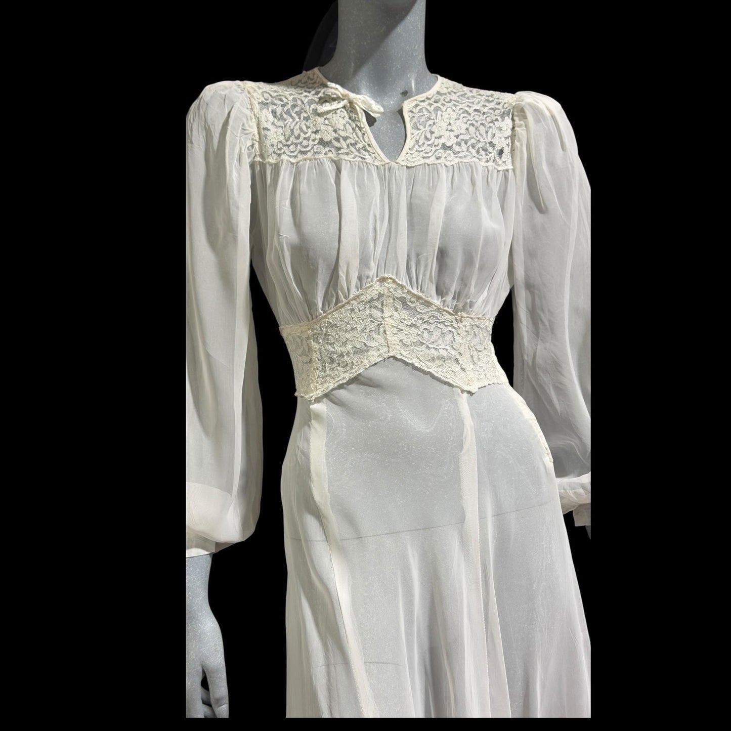 1940s vintage wedding bridal dress, Sheer white Long Sleeve fit flare full length gown