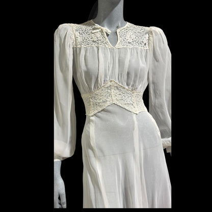1940s vintage wedding bridal dress, Sheer white Long Sleeve fit flare full length gown