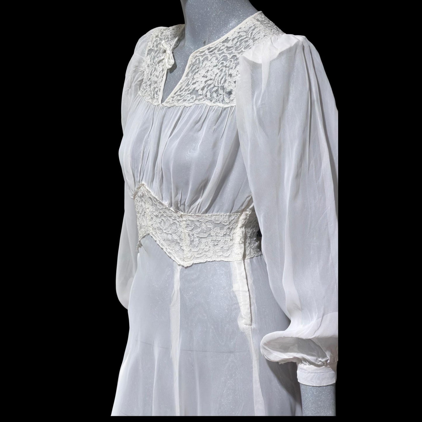 1940s vintage wedding bridal dress, Sheer white Long Sleeve fit flare full length gown