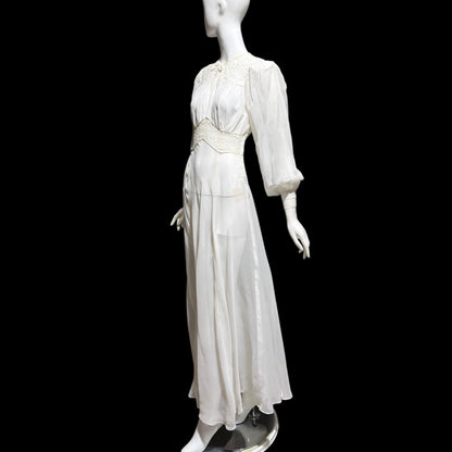 1940s vintage wedding bridal dress, Sheer white Long Sleeve fit flare full length gown