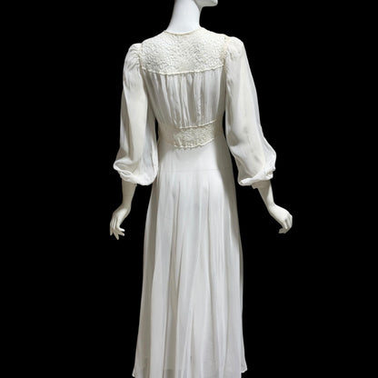 1940s vintage wedding bridal dress, Sheer white Long Sleeve fit flare full length gown