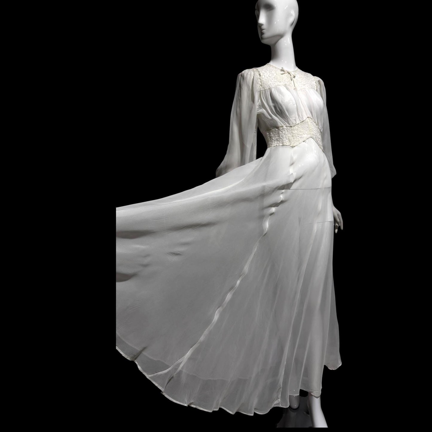 1940s vintage wedding bridal dress, Sheer white Long Sleeve fit flare full length gown