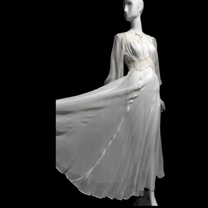 1940s vintage wedding bridal dress, Sheer white Long Sleeve fit flare full length gown