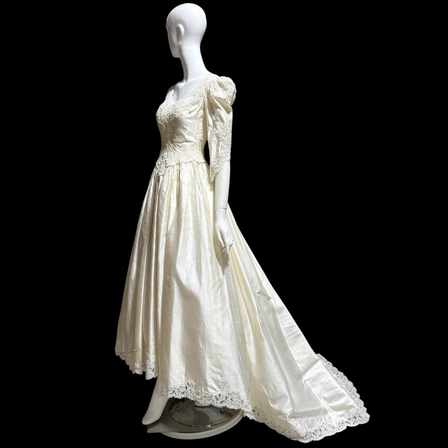 CHRISTOS Vintage 1980s wedding dress, custom white raw silk beaded basque waist gown