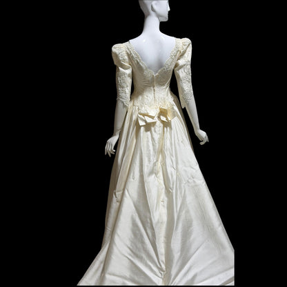 CHRISTOS Vintage 1980s wedding dress, custom white raw silk beaded basque waist gown