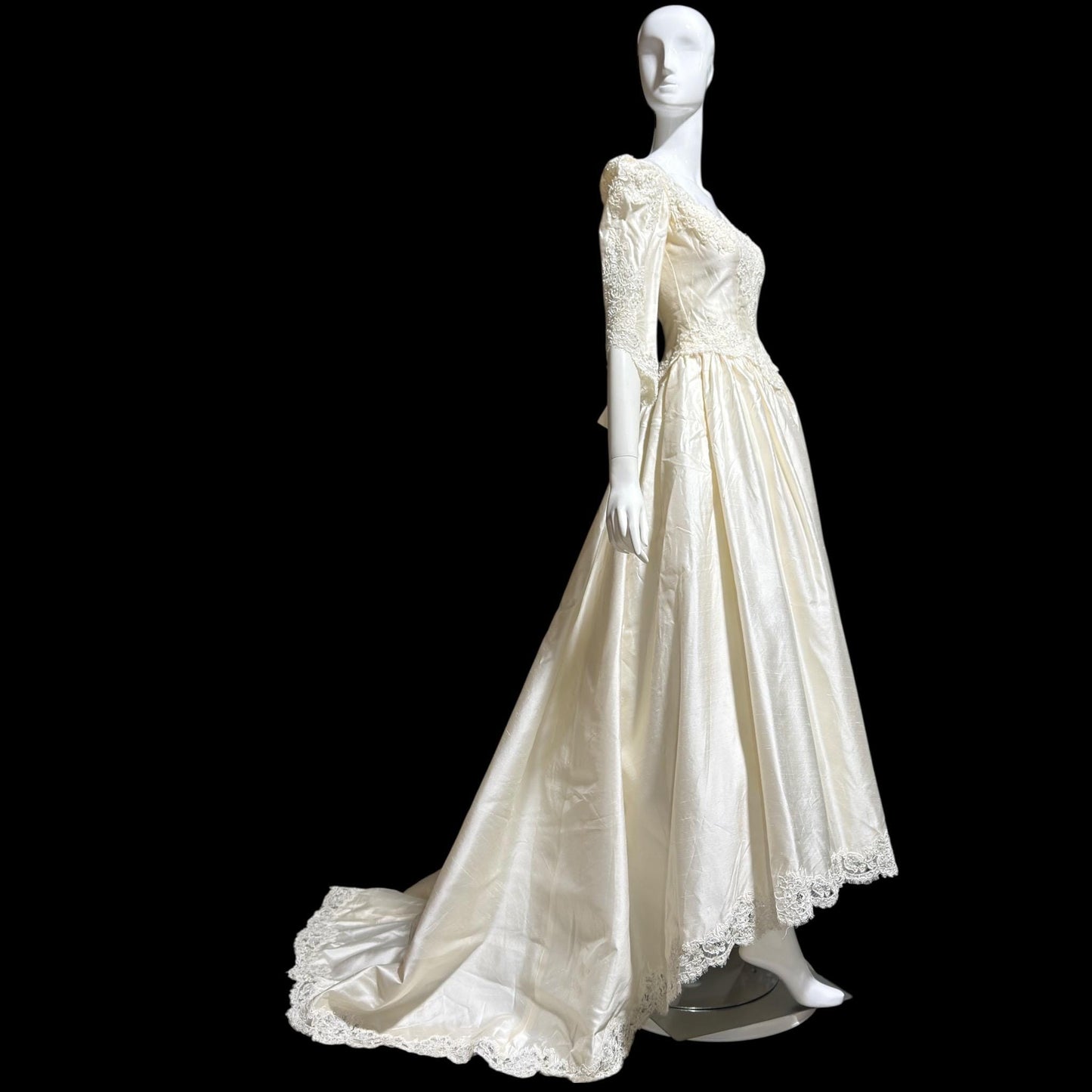 CHRISTOS Vintage 1980s wedding dress, custom white raw silk beaded basque waist gown