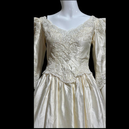 CHRISTOS Vintage 1980s wedding dress, custom white raw silk beaded basque waist gown