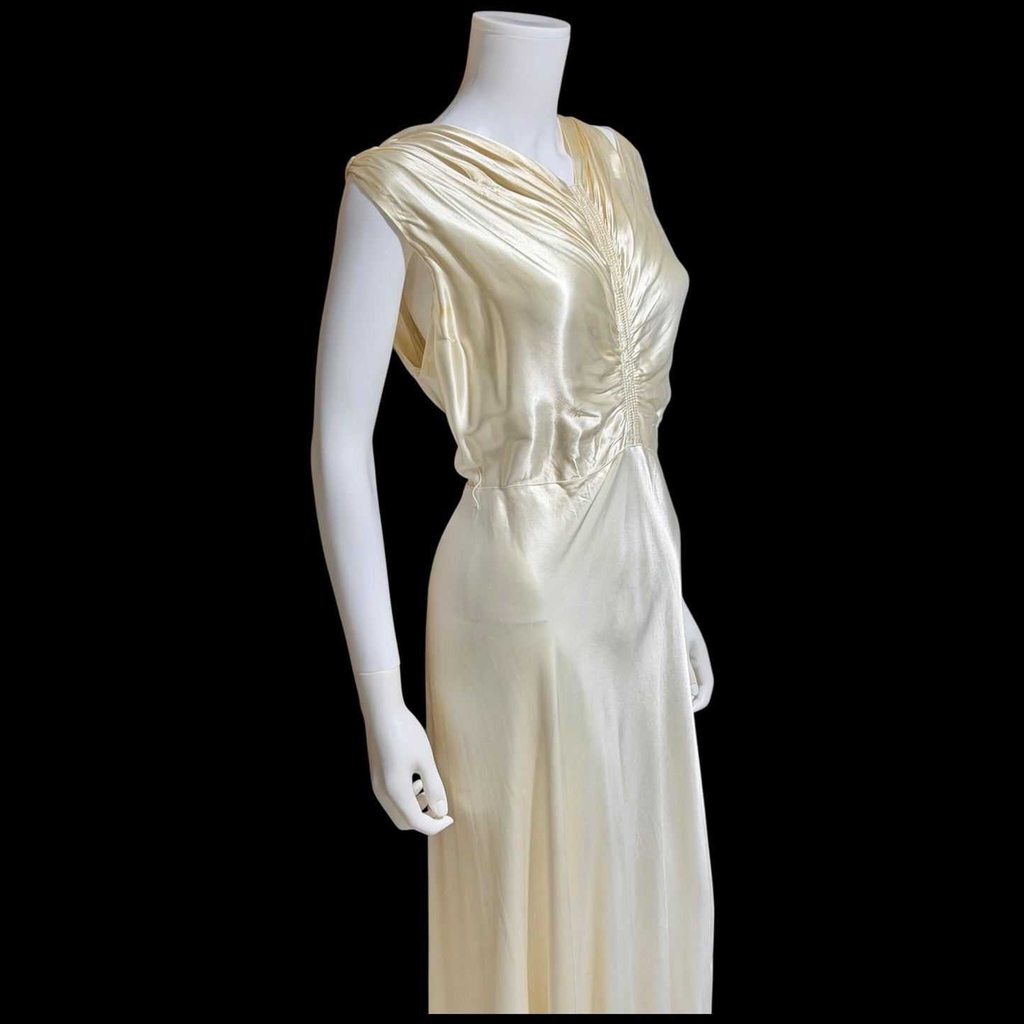 1930s vintage wedding dress, shimmering pearly vanilla liquid satin sheath gown, medium