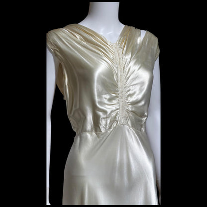 1930s vintage wedding dress, shimmering pearly vanilla liquid satin sheath gown, medium