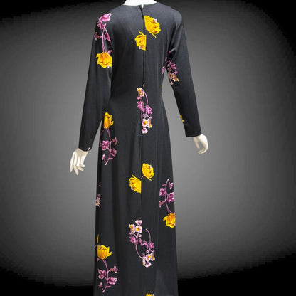 DON LUIS de espana vintage 1970s Maxi Dress, plunging V black floral jersey knit dress, stretchy