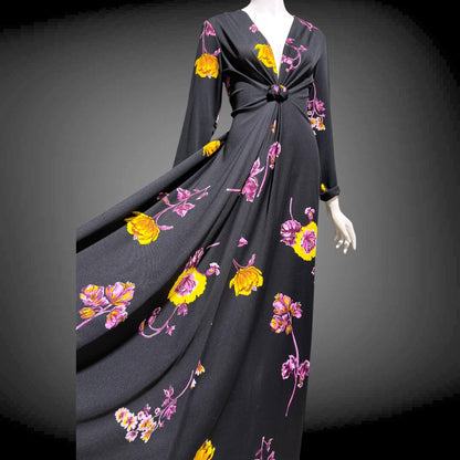 DON LUIS de espana vintage 1970s Maxi Dress, plunging V black floral jersey knit dress, stretchy