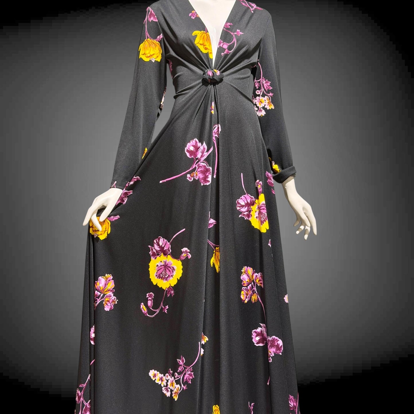 DON LUIS de espana vintage 1970s Maxi Dress, plunging V black floral jersey knit dress, stretchy