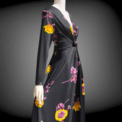 DON LUIS de espana vintage 1970s Maxi Dress, plunging V black floral jersey knit dress, stretchy