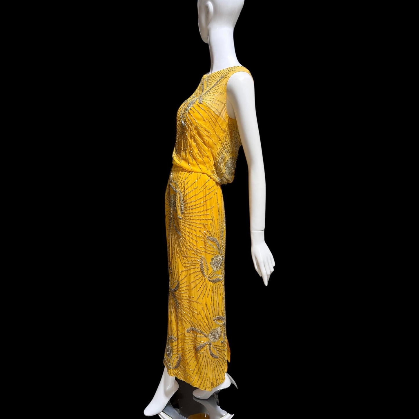 1960s vintage evening dress gown, Custom Made Marigold silk beaded Sheath Gown