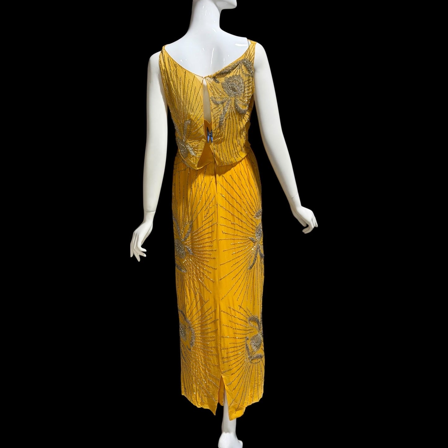 1960s vintage evening dress gown, Custom Made Marigold silk beaded Sheath Gown