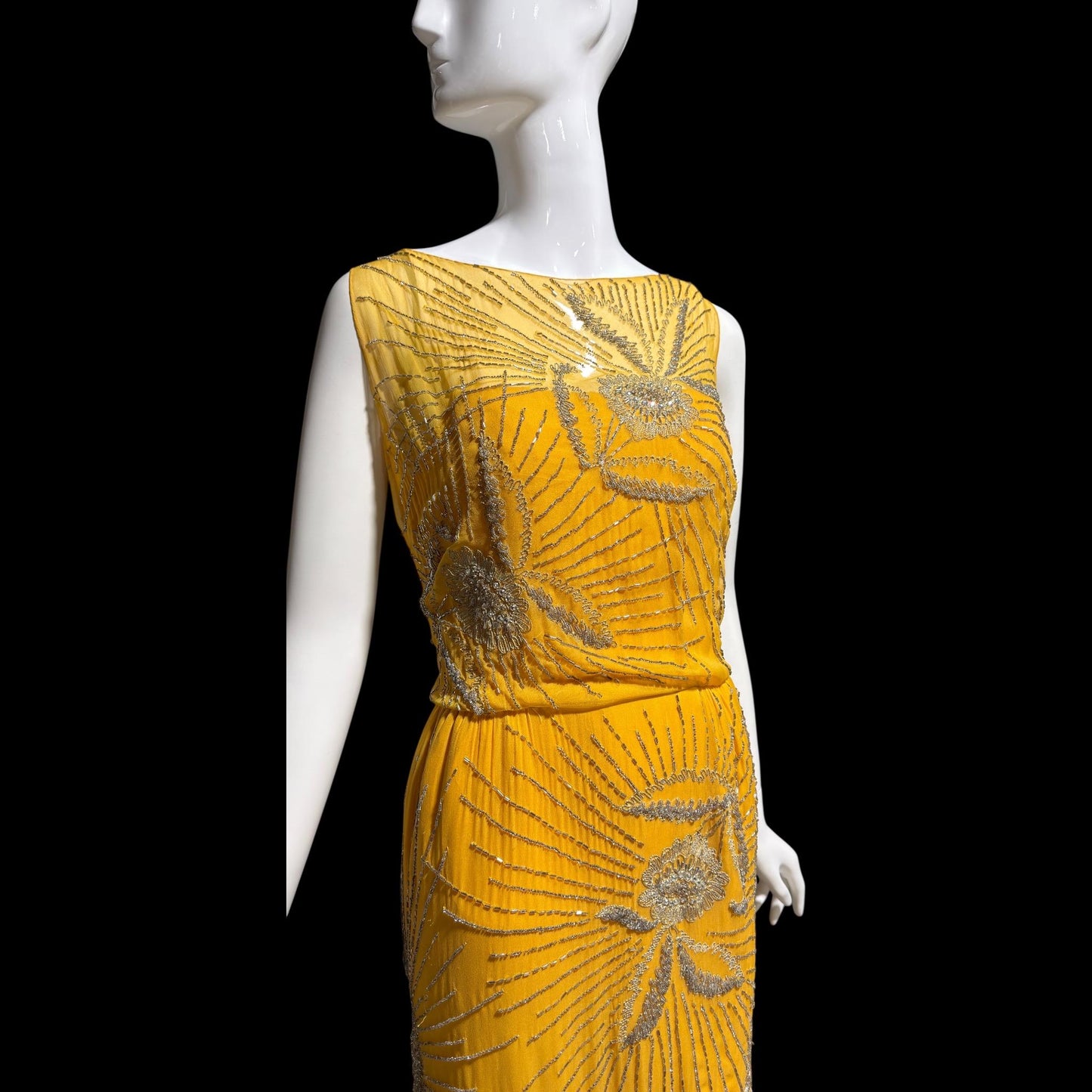1960s vintage evening dress gown, Custom Made Marigold silk beaded Sheath Gown