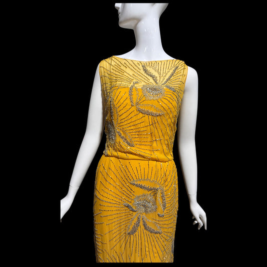 1960s vintage evening dress gown, Custom Made Marigold silk beaded Sheath Gown
