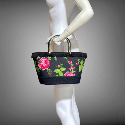 1950s vintage tote handbag purse, Black cotton fringe black with roses, top handle basket purse