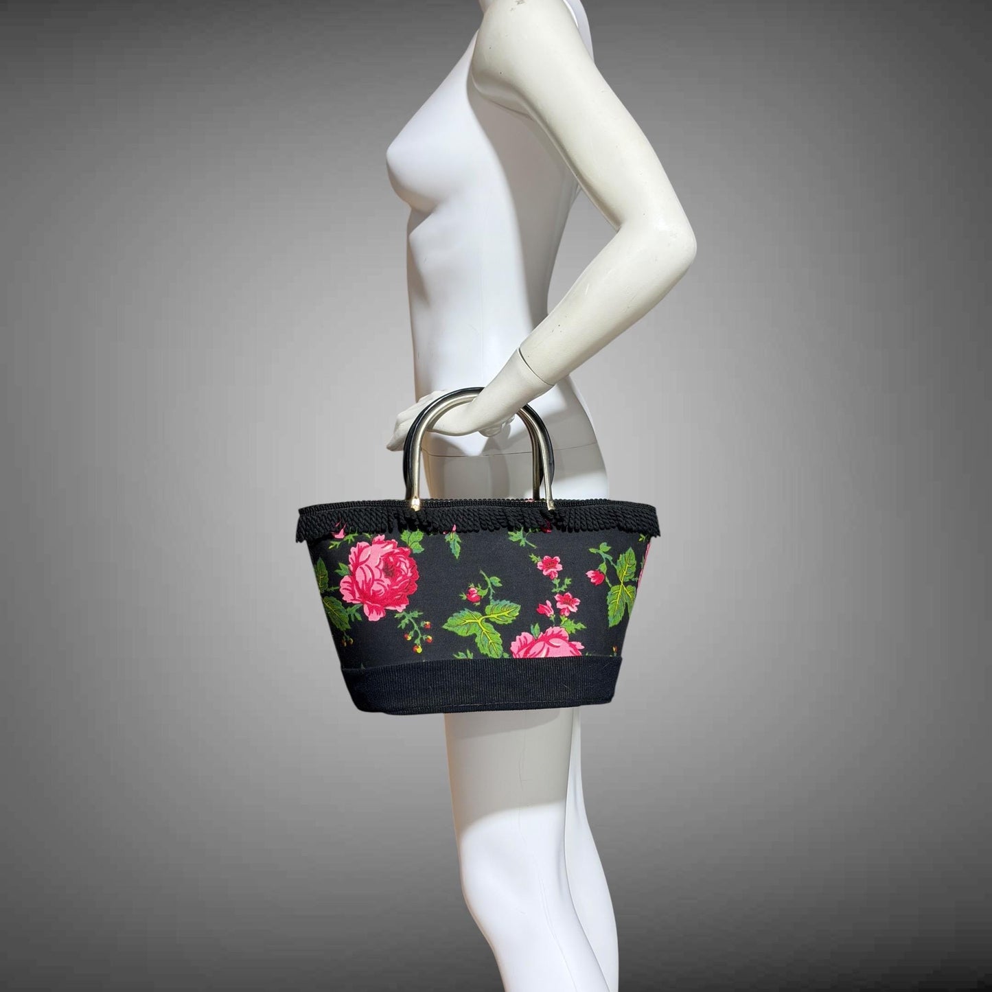1950s vintage tote handbag purse, Black cotton fringe black with roses, top handle basket purse