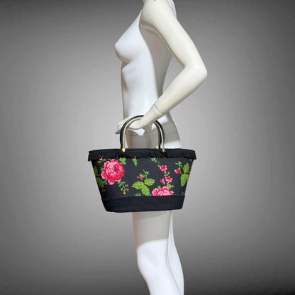 1950s vintage tote handbag purse, Black cotton fringe black with roses, top handle basket purse