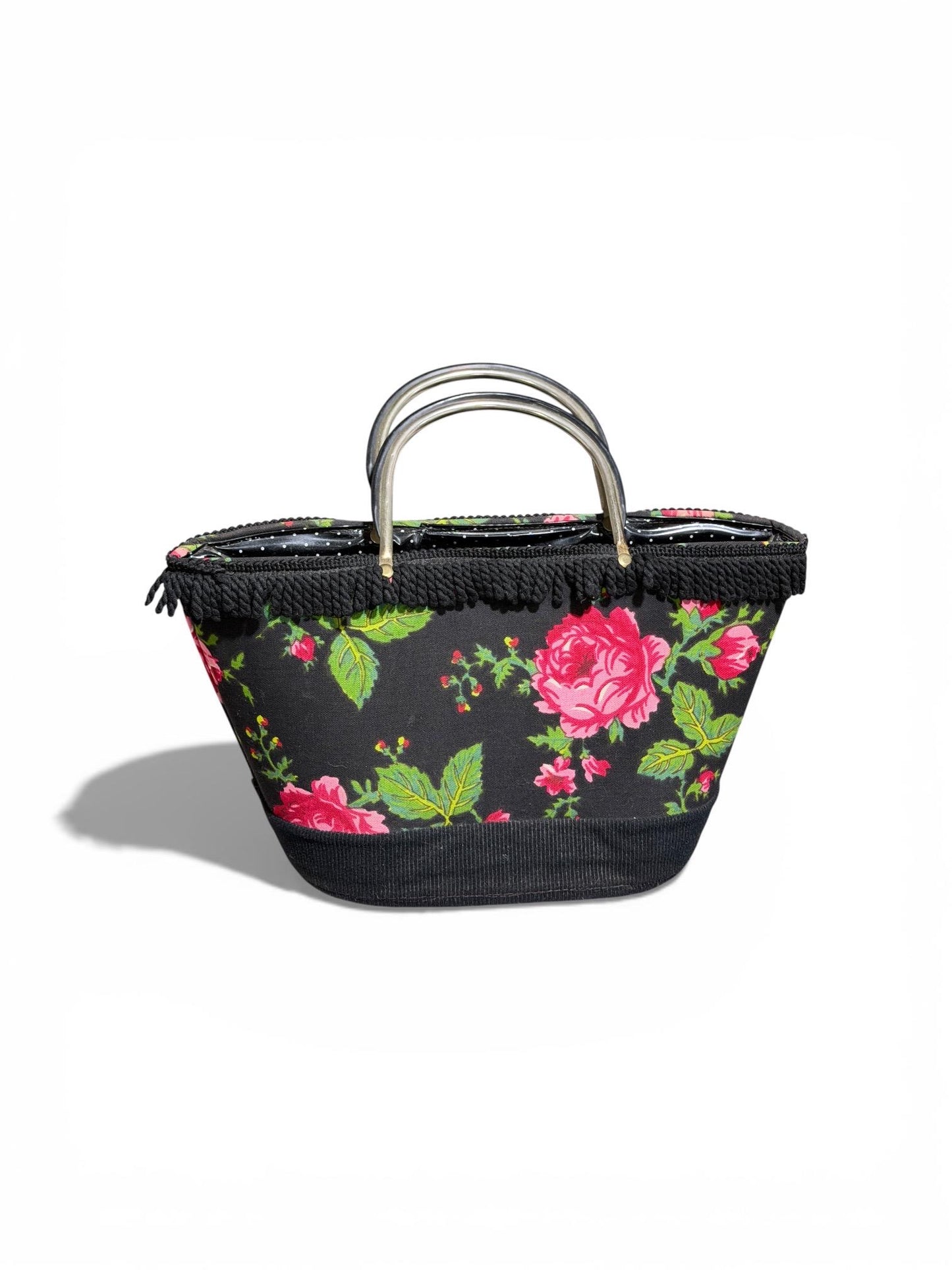 1950s vintage tote handbag purse, Black cotton fringe black with roses, top handle basket purse