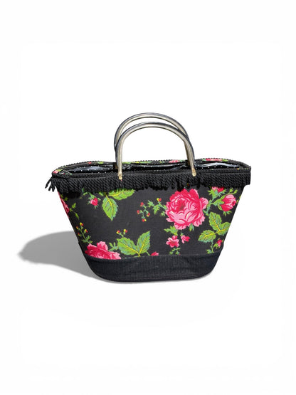 1950s vintage tote handbag purse, Black cotton fringe black with roses, top handle basket purse