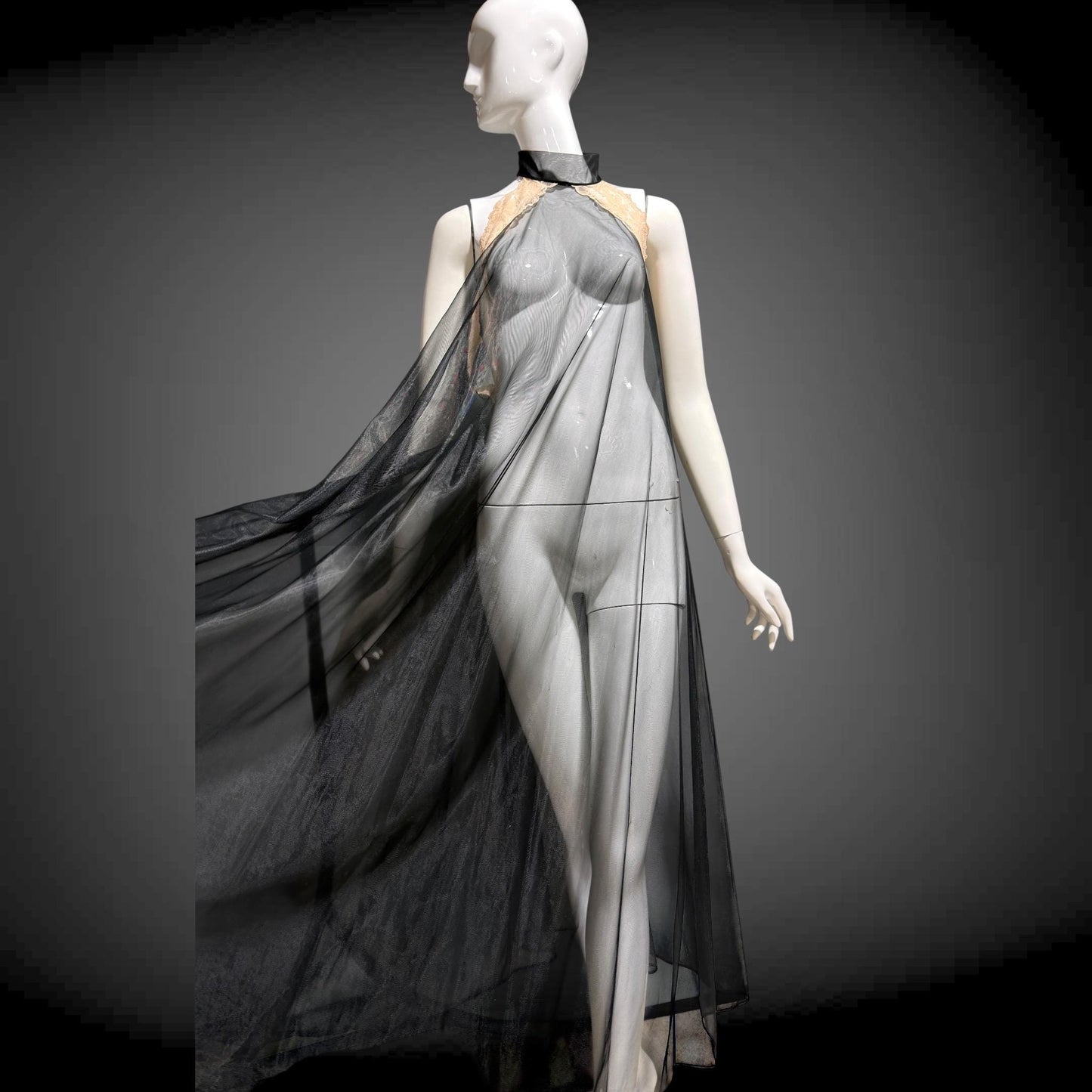 1960s Vintage nightgown sip dress, Completely sheer high neck black backless lingerie dress