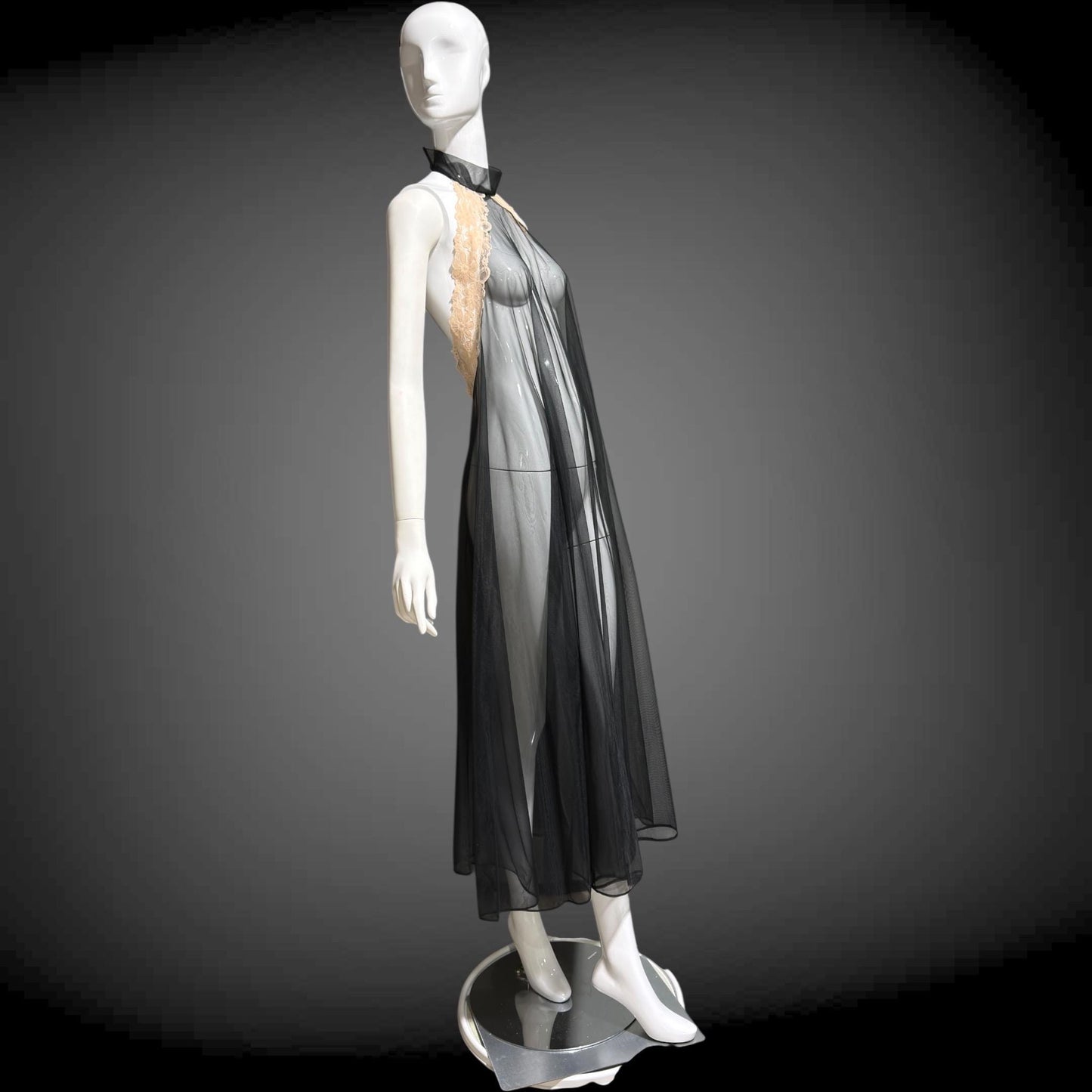1960s Vintage nightgown sip dress, Completely sheer high neck black backless lingerie dress