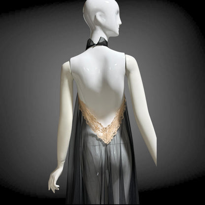 1960s Vintage nightgown sip dress, Completely sheer high neck black backless lingerie dress