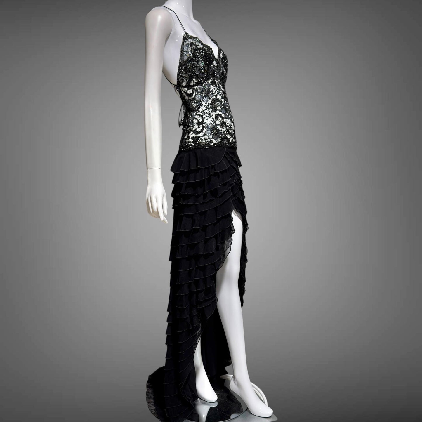 EMA SAVAHL Vintage Y2k evening dress gown, Black high low ruffle beaded cutout gown