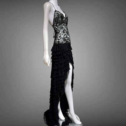 EMA SAVAHL Vintage Y2k evening dress gown, Black high low ruffle beaded cutout gown