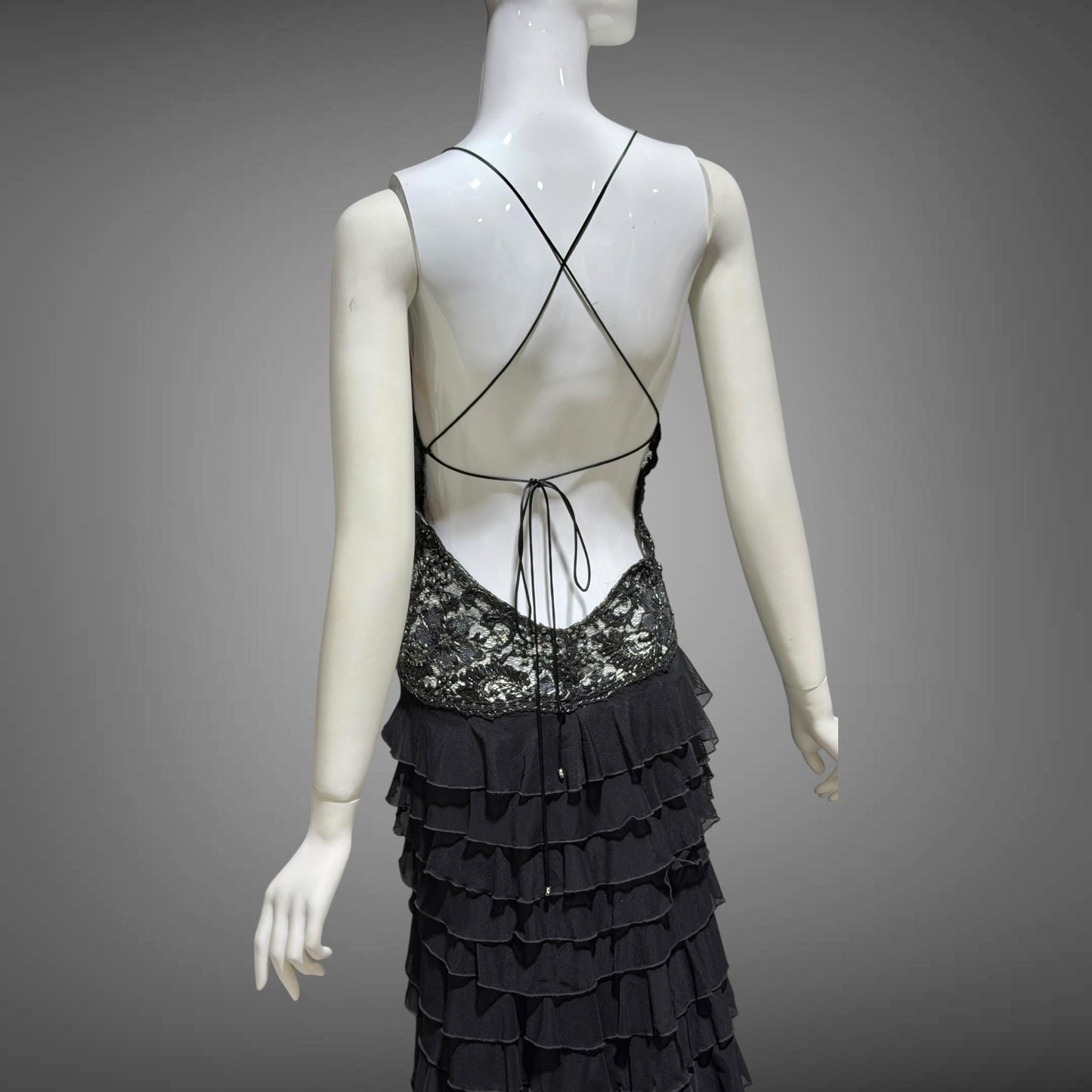 EMA SAVAHL Vintage Y2k evening dress gown, Black high low ruffle beaded cutout gown